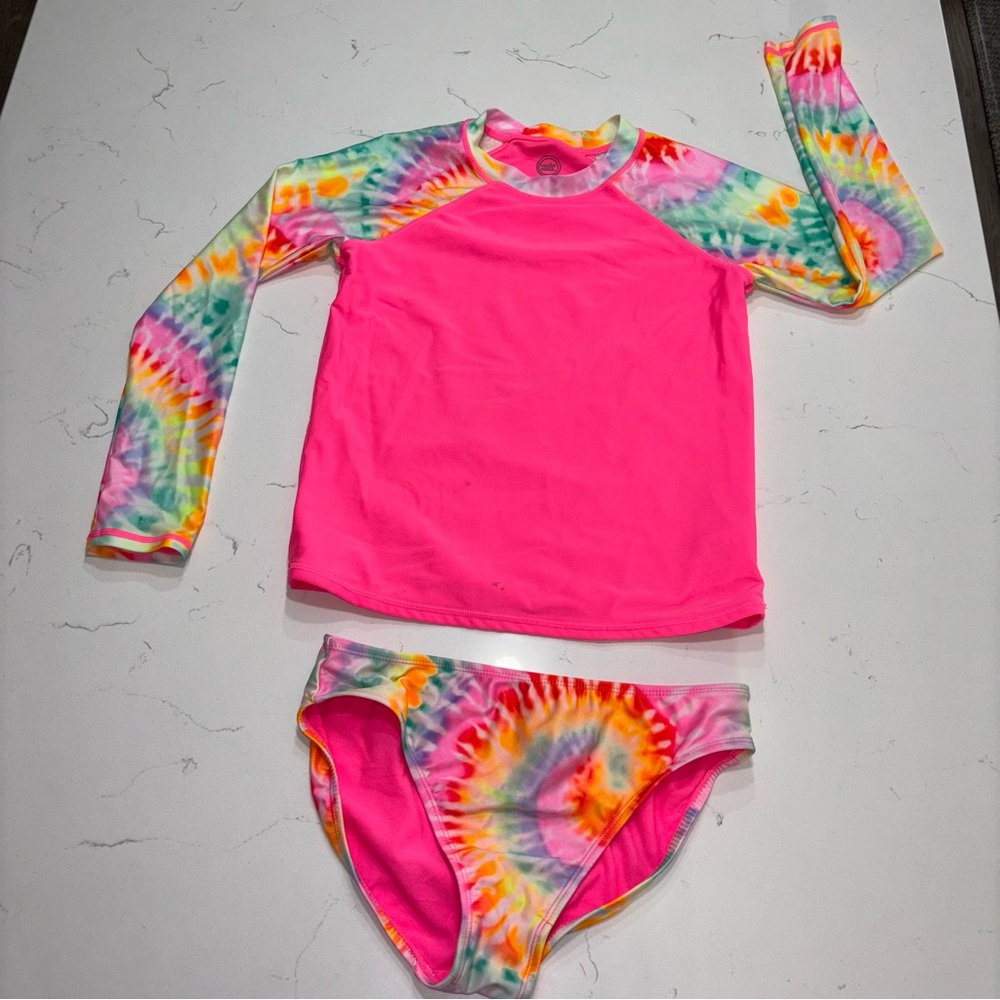 Girls Swim Set Bikini with Long Sleeve Top, Pink Tie Dye – Size XL (14-1…